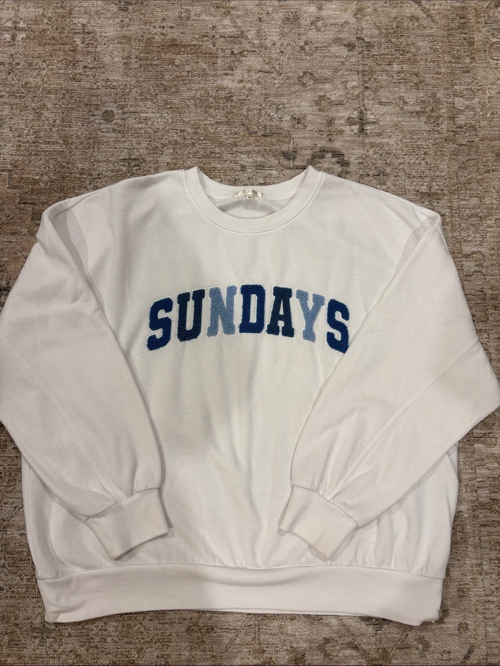 Z Supply White Crewneck Sweatshirt with Blue "SUNDAYS" Applique